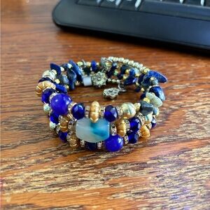 Blue and Gold Multi-Strand Coil Beaded Bracelet